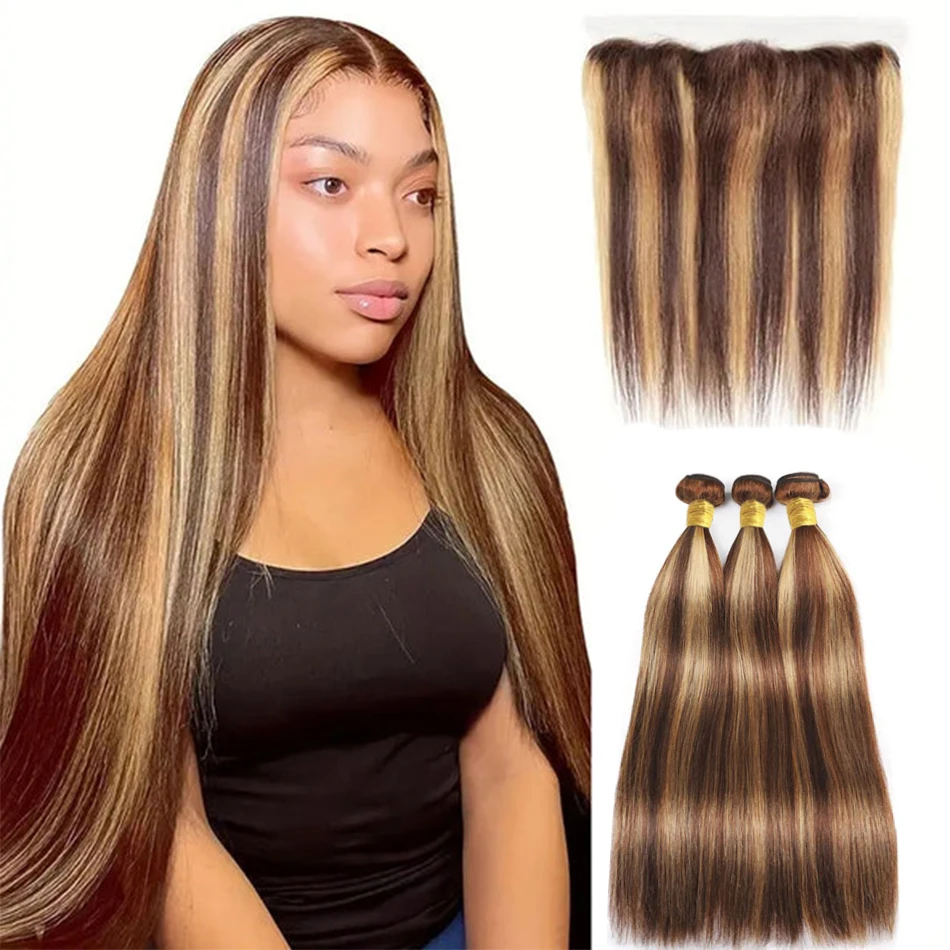 

Bundles With Frontal Brazilian Straight Hair 3 Bundles With 13x4 HD Lace Frontal P4-27 Highlight Honey Blonde Remy Hair Bundles