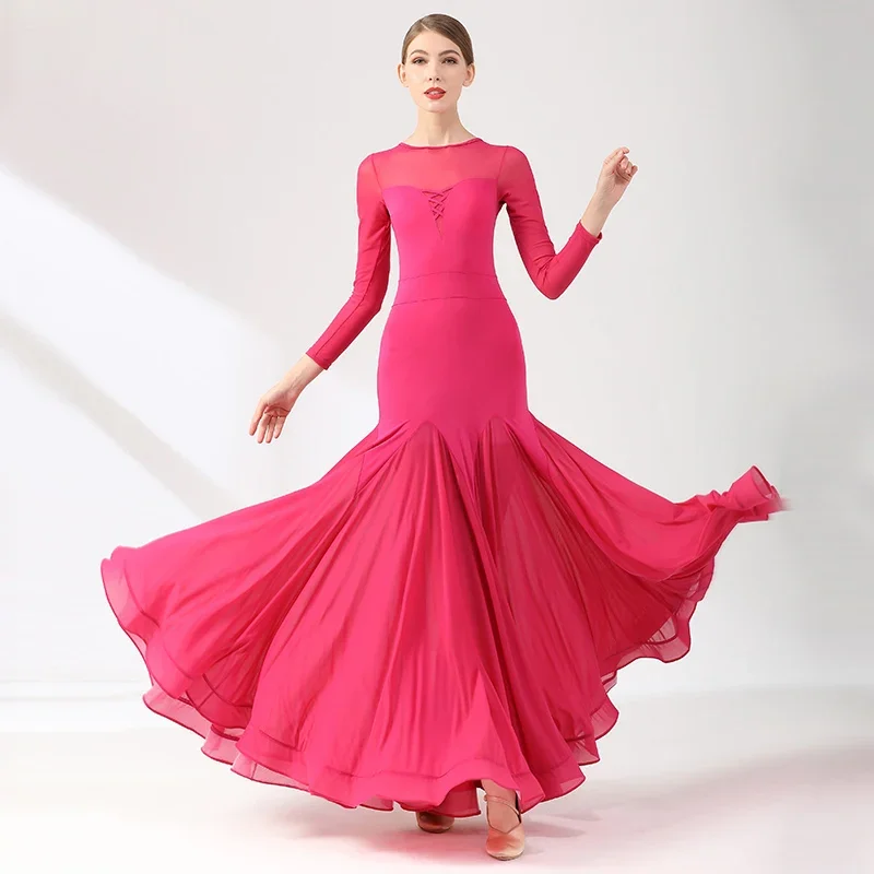 

Mesh Long Sleeve Adult Modern Dance Dress National Standard Ballroom Dance Costume Waltz Display Stage Performance Dancewear