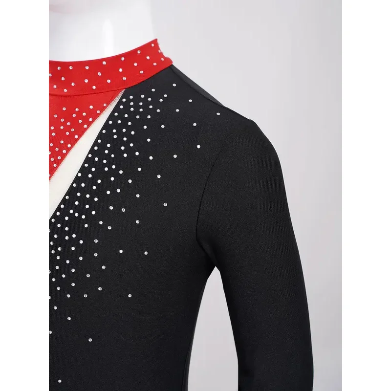 Kids Meisjes Strass Gymnastiek Ballet Turnpakje Lange Mouw Jumpsuit Kunstschaatsen Podiumwedstrijd Bodysuit