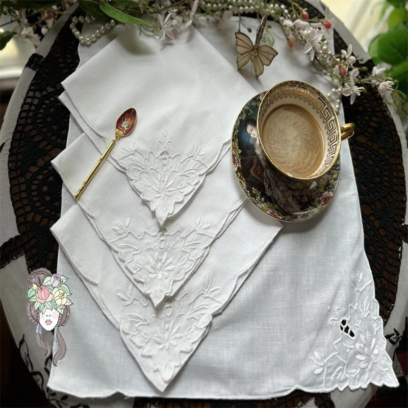 2 pezzi di tovaglioli, tovaglioli e fazzoletti quadrati bianchi in puro cotone ricamati a mano 40x40 cm