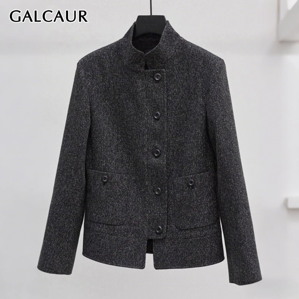 

GALCAUR Gray Spliced Pocket Commute Jacket Female Stand Collar Long Sleeve Loose High End Women's Jackets Autumn Fashion Style