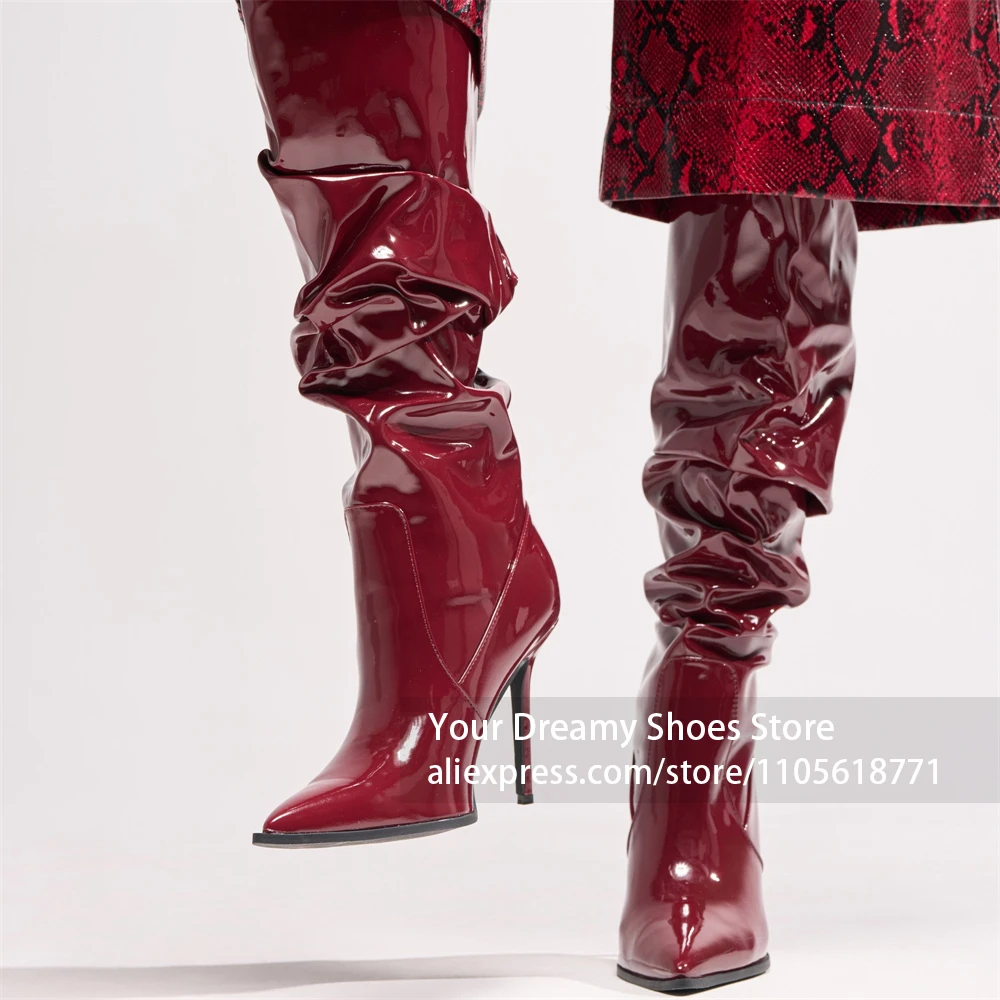 Slouchy Ruched Shaft Design Boots Knee High Shaft Height Pointed Toe High Heel Boots Bold Retro Fashion Aesthetic Knee Boots