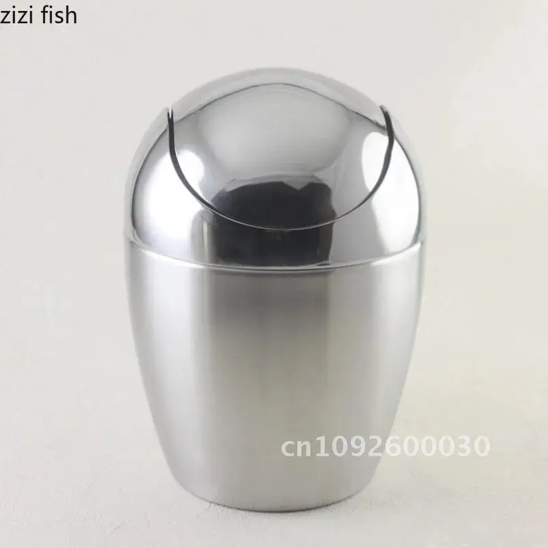 Stainless Small Trash Can Egg Shape Swing Lid Trash Can Desktop Box Wastebasket Organize Steel Storage Storage Garbage Bins Box