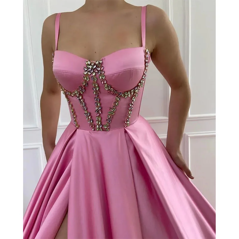 Fashion Pink Prom Dresses Beads Straps Evening Gowns Slit Pleats Ruffle A Line Formal Red Carpet  Special Occasions Party Dress