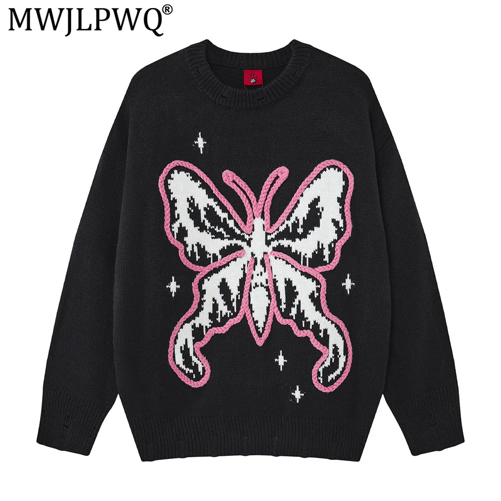 MWJLPWQ Butterfly Design Loose-Fitting Round-Neck Sweater Men's Casual Knit Top Distressed Crochet Style American Trendy 21216