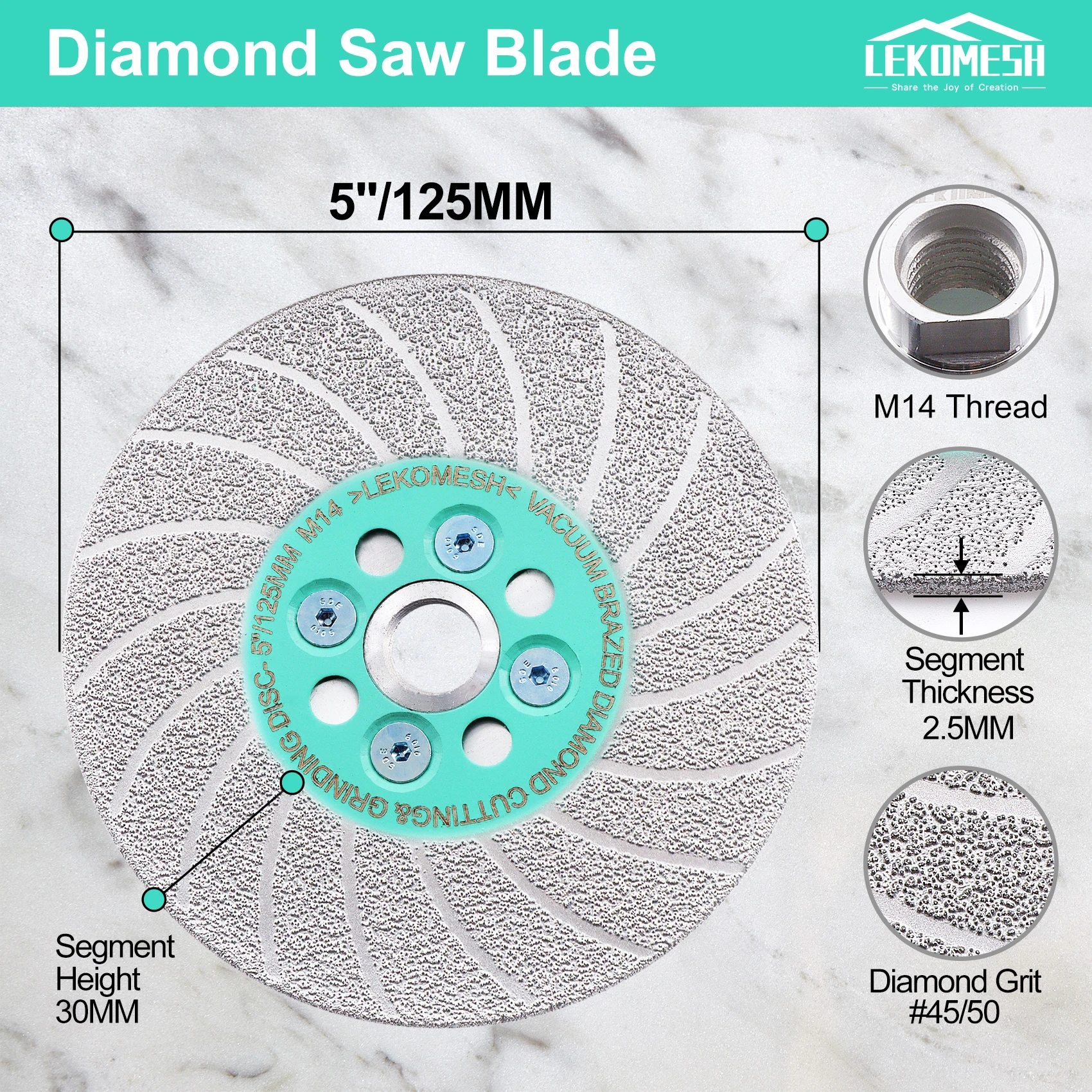 Imagem -03 - Lekomesh-diamond Saw Blade Disco de Moagem de Corte de Concreto 125 mm M14 Granito Telha de Mármore 1pc