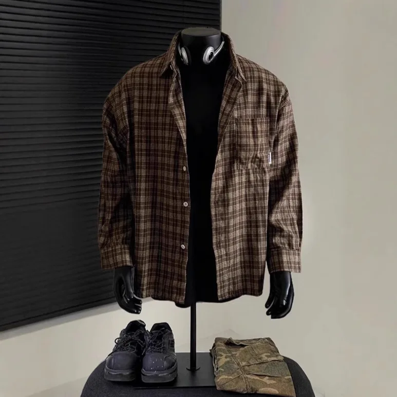 

2025 Retro Brown Plaid Shirt Men's Spring and Autumn Wear Cotton Polished Long-sleeved Shirt with Jacket Inside