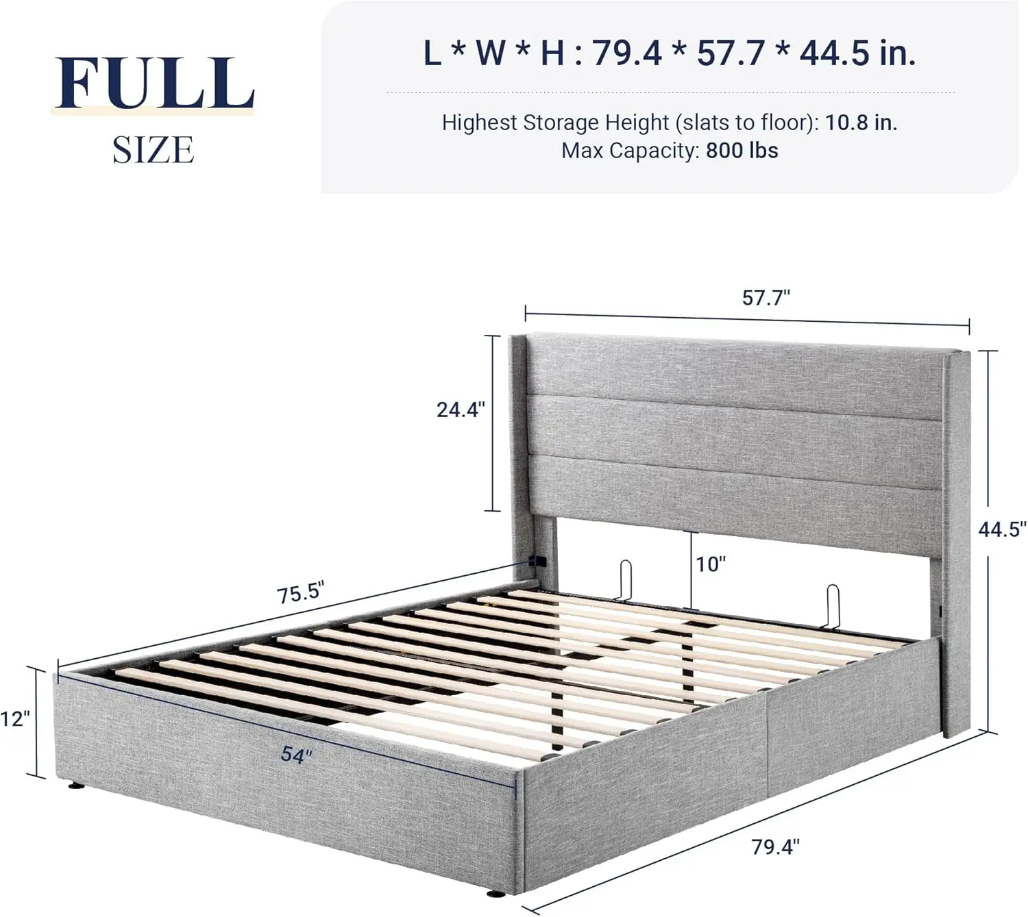 Full Size Lift Up Storage Bed, Modern Wingback Headboard, Hydraulic Support, No Box Spring Needed, Light Grey