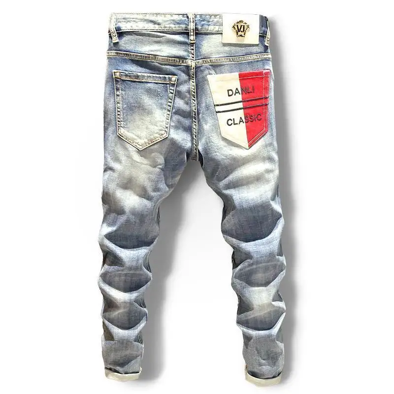 Trendy Brand White Jeans Men's Slim-fitting Elastic Pants Fashion Design Irregular Color Contrasting Back Bag Spring New Models