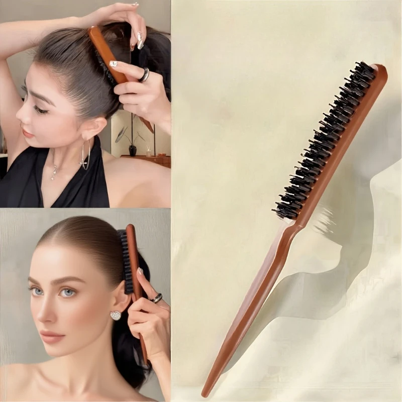 

Boar Bristle Hair Brush – 3-Row Narrow Fine Teeth, Detangling & Volumizing Brush for Women, Curly & Straight Hair