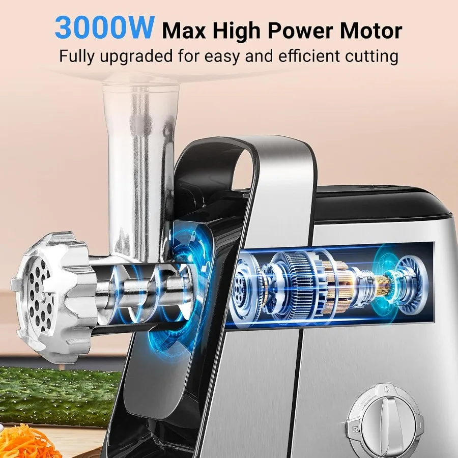 HighPower 3000W Electric Meat Grinder with 6In1 MultiFunctionality for Home Kitchen: Includes 4 Slicing Blades 2 Shredding Blad