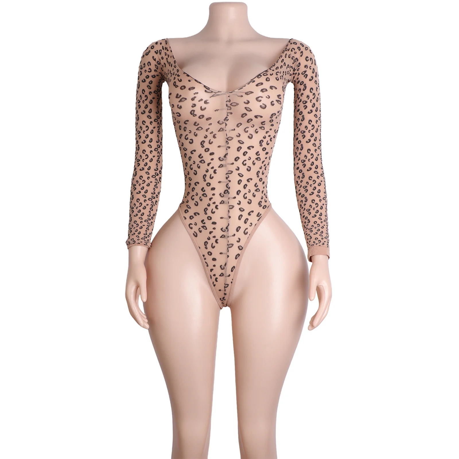 Tanga mit Leopardenmuster, Netz-Bodystocking, lange Ärmel, exotische Clubwear, Tänzerin, Kostüm, Performance, Nachtclub-Outfit