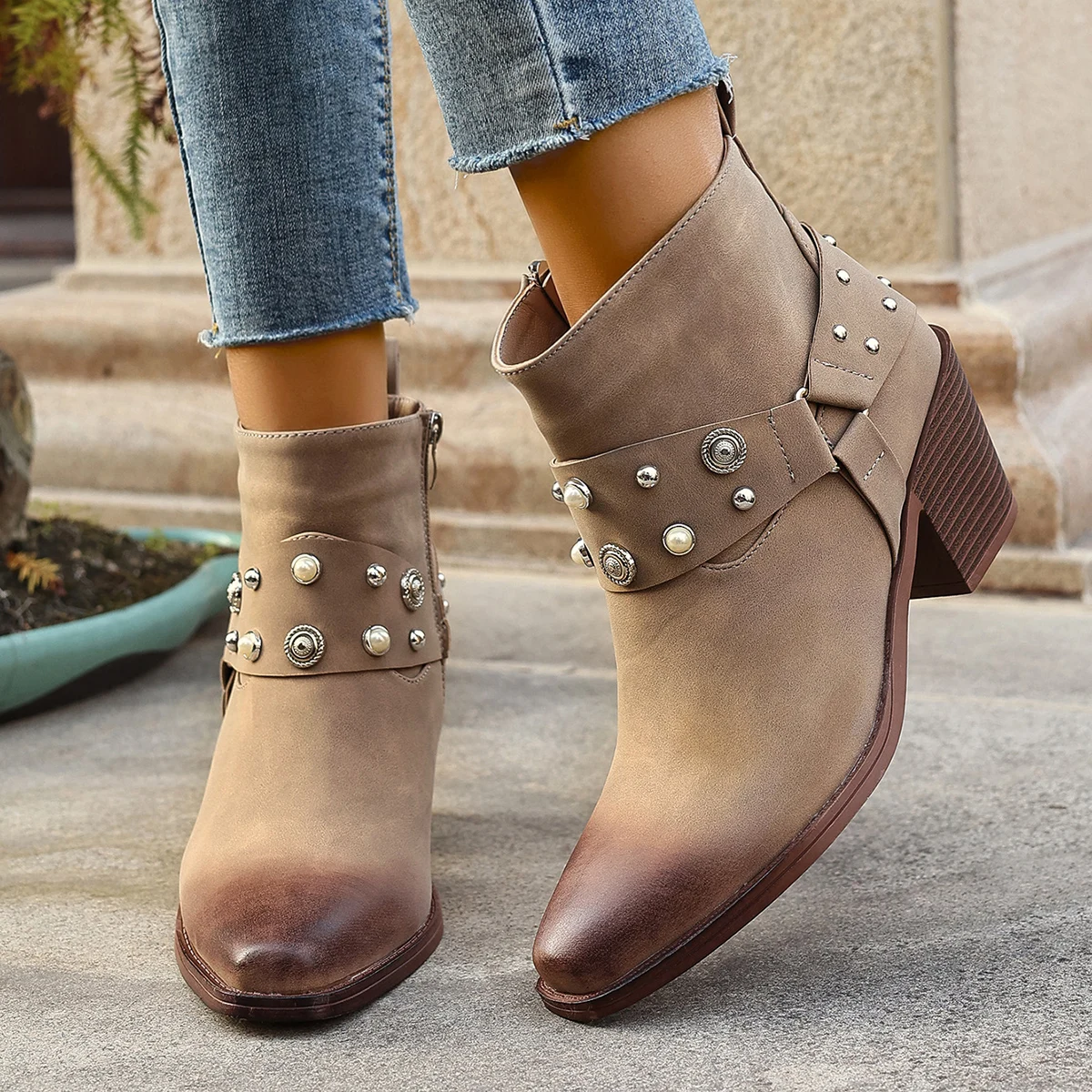 

Жемчуг, цветные заклепки, боковая молния, квадратная головка, массивный каблук, модные универсальные женские ботильоны для пригородных вечеринок и отпуска