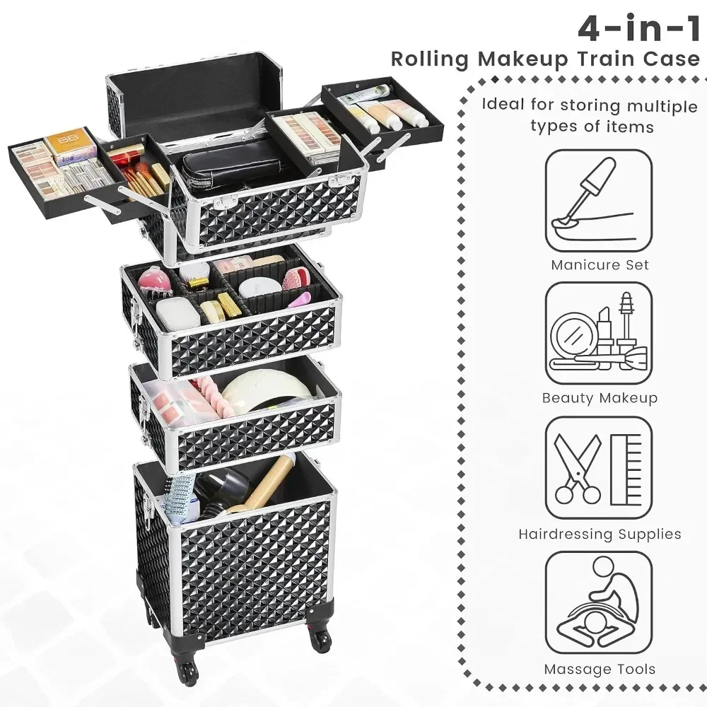 Train Case 4 in 1 Cosmetic Trolley Nail Tech Travel Case Rolling Makeup Organizer Salon Barber Case with Wheels Hairstylist