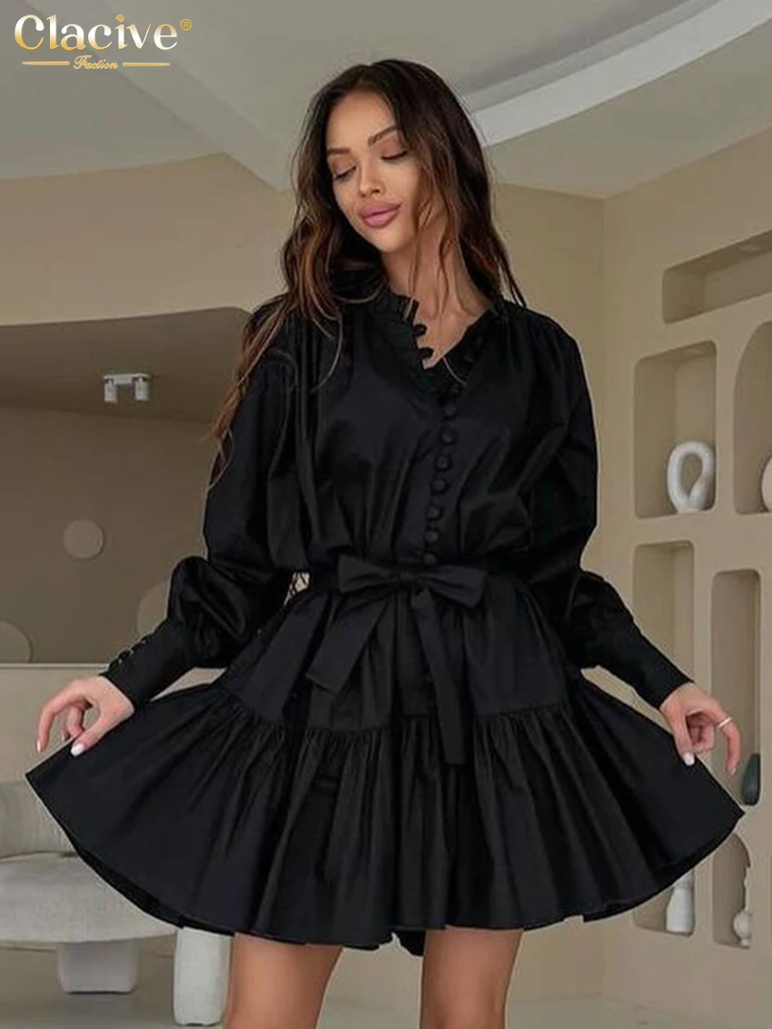 Clacive Casual Loose Black Cotton Dress Ladies Fashion Stand Collar Long Sleeve Mini Dress Elegant Lace-Up Pleated Dresses Women