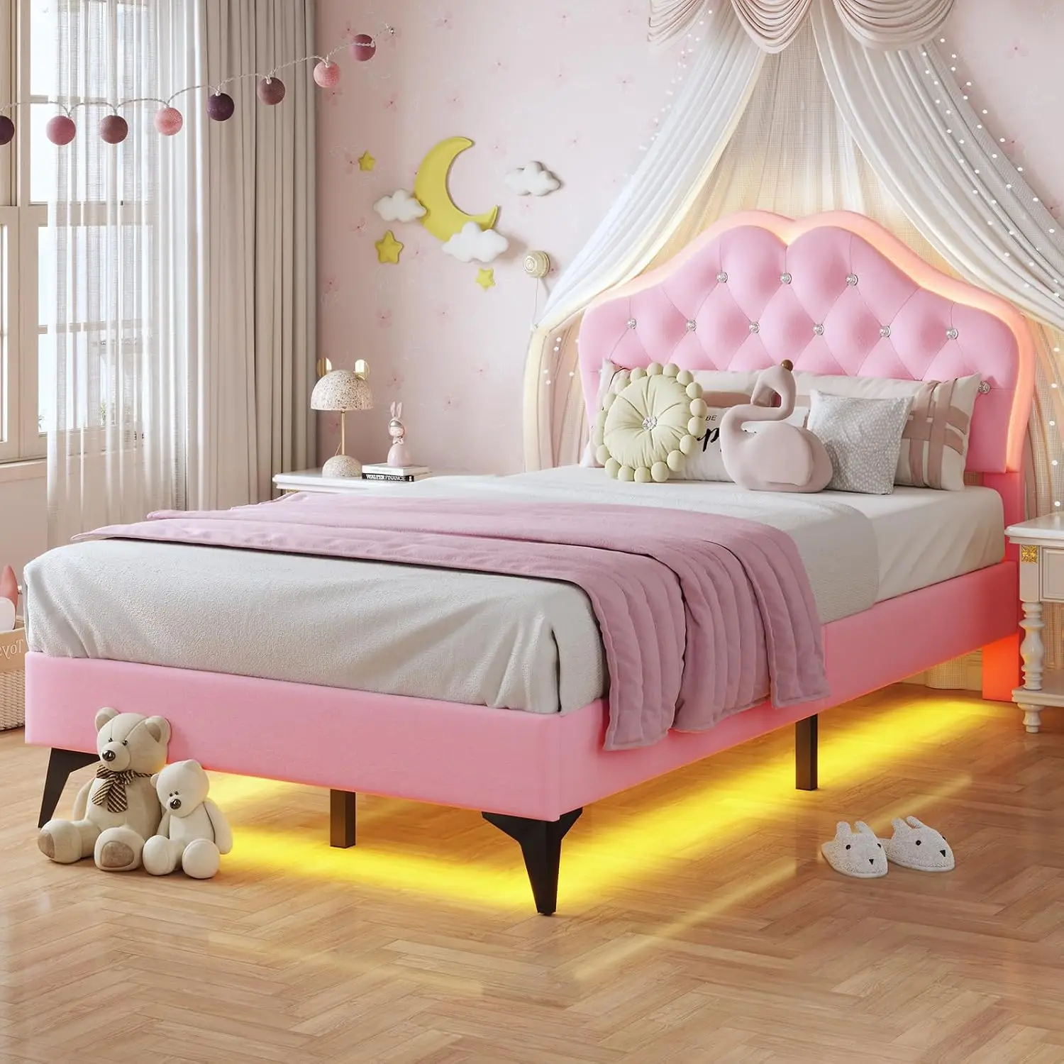 Girls Twin Bed Frame Princess Upholstered Adjustable Headboard Led Lights Crystal Buttons Strong Wooden Slats No Box Spring Requ