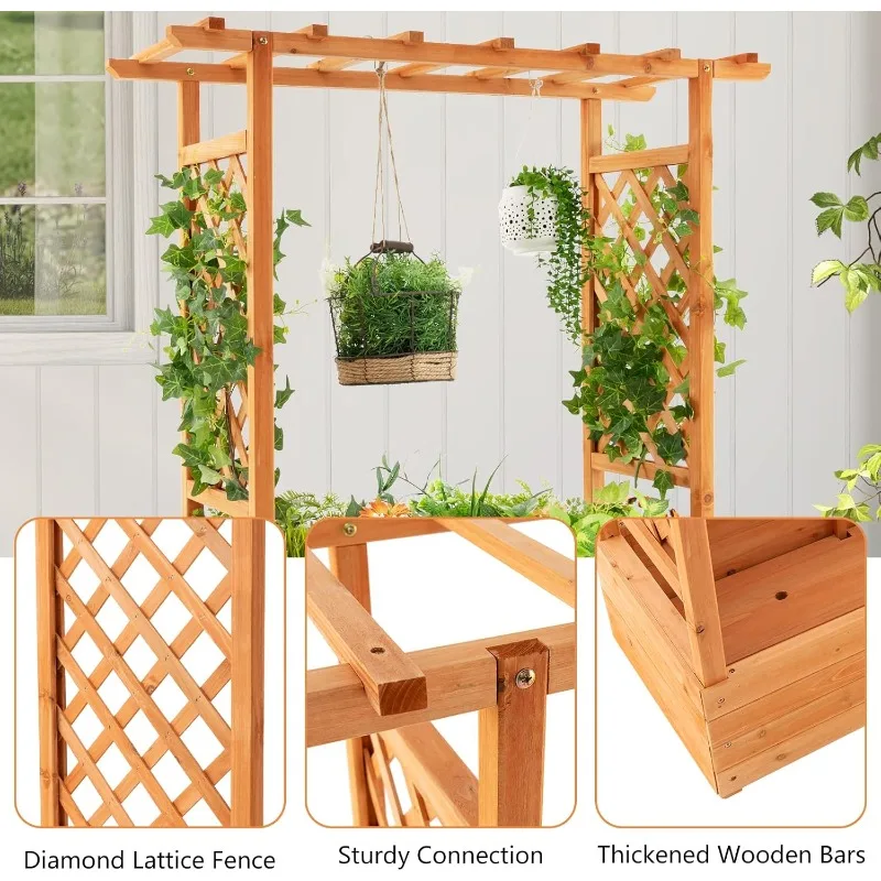 Raised Garden Bed with Arch Trellis, Wood Planter Box with Hanging Roof, Side Trellis, 4 Drainage Holes, Above Ground E