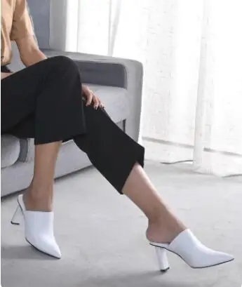 Picture 5: Summer Black White Matte Leather Pointed Toe High Heel Mules Women Pull On 8 CM Strange Heels Modern Half Slippers Shoes Lady
