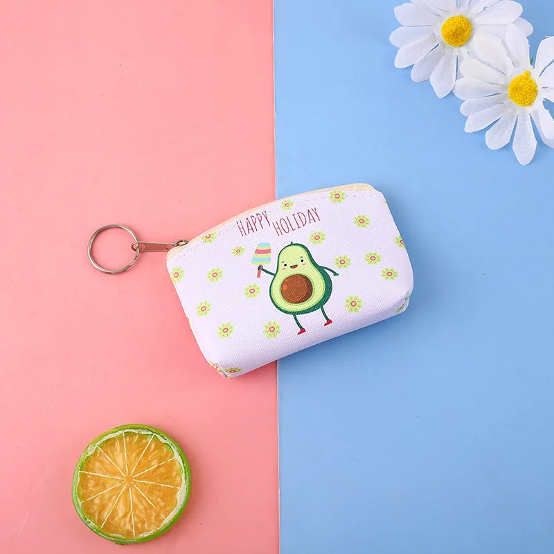 Petit porte-monnaie à fermeture éclair pour femme, mini portefeuille, sac à main en PU, imprimé avocat de dessin animé, rangement pour clés cosmétiques