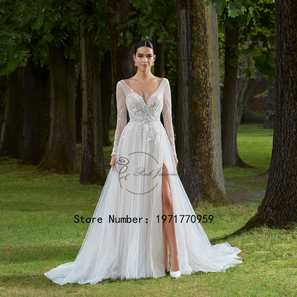 

2024 Glitter V-Neck Full Sleeves Beading Wedding Dresses Sexy Open Back Tulle Bride Gowns Lace Applique A-Line vestido de noiva