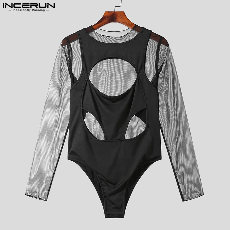 Men Bodysuits Mesh Patchwork O-neck Long Sleeve Fitness Sexy Rompers Men T Shirts Transparent Hollow Out Bodysuits S-5XL INCERUN