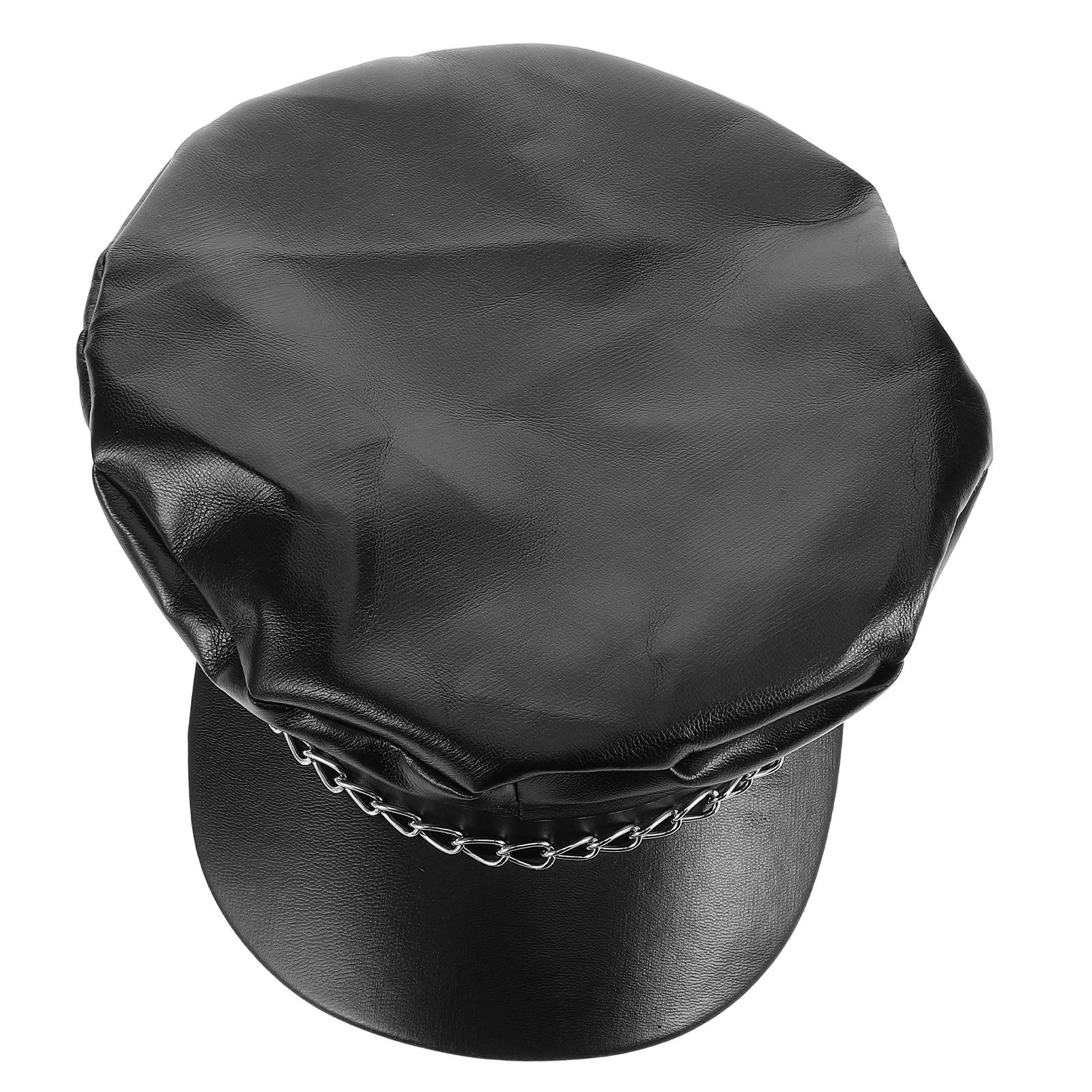 

PU Hat Iron Chain Retro Flat Top Short Brim Cap Versatile Party Costume Newsboy Bakerboy Fisherman Style