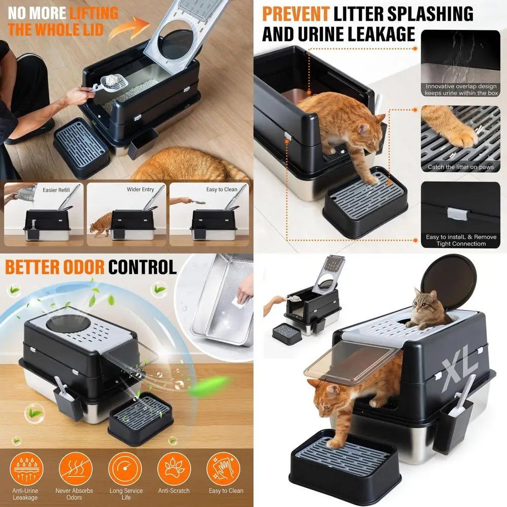 

Очень большой лоток для кошачьего туалета из нержавеющей стали с верхним входом, откидной крышкой, двойным выходом, совком для наполнителя и ножной педалью для легкого использования без протеканий