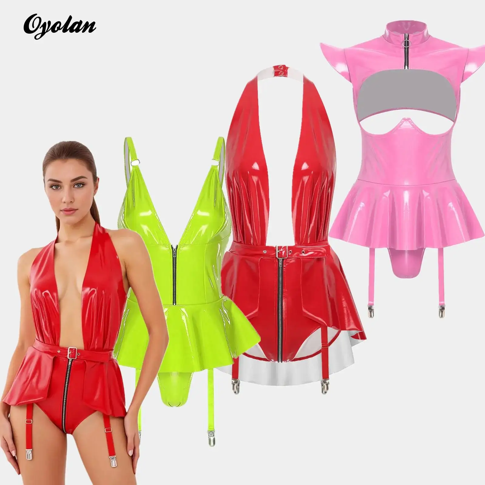 

Womens Lingerie Latex Glossy Bodysuit Halter Zipper Crotch with Skit Hem And Garters Jumpsuit Raves Party Sexy Clubwear Costume
