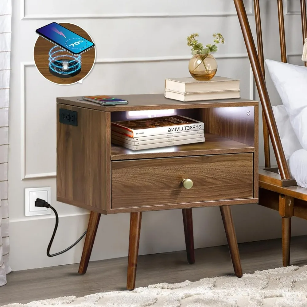 

Wooden Nightstand with Wireless Charging Century Modern Nightstand with Charging Station, Natural Wood Nightstand with Drawer