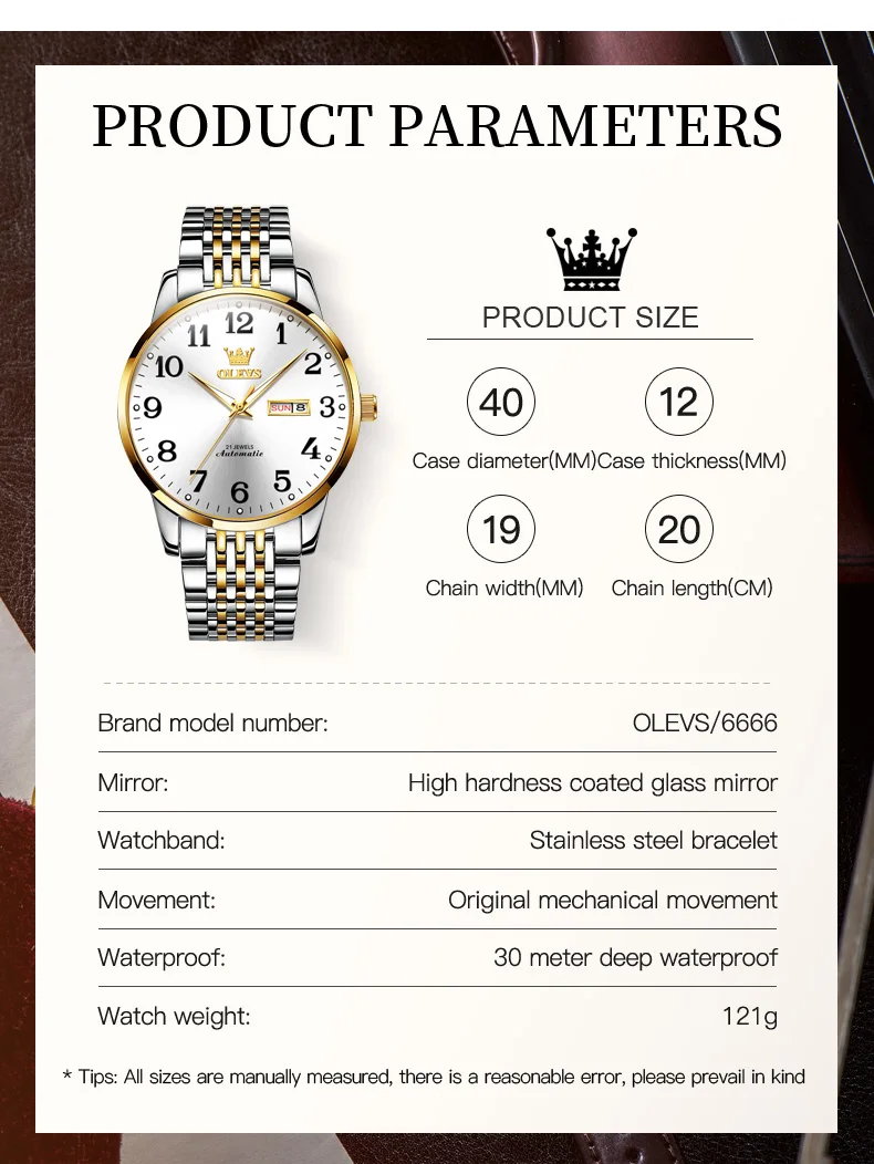 OLEVS 6666 Jam Tangan Pria Baja Tahan Karat Tahan Air Jam Tangan Kalender Tampilan Minggu Jam Tangan Pria Mekanis Otomatis Bisnis Klasik