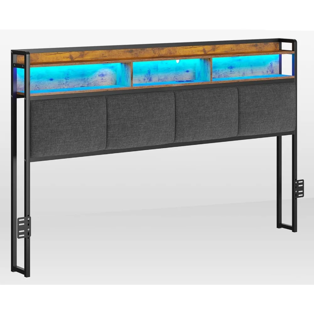 King Headboard Only with LED Lights & Charging Station, Headboard King with 2-Tire Storage Space and Soft Backrest for Bedroom