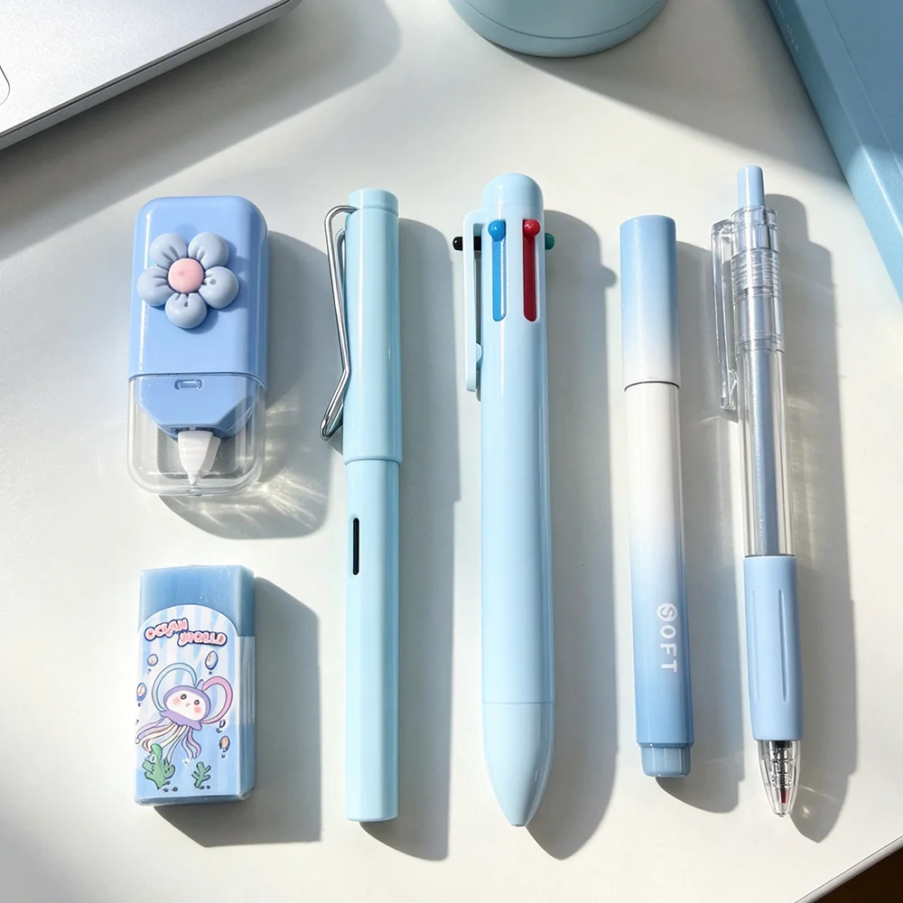 6PCS Blue Stationery Bundle, Includes Correction Tape, Eraser, Pencil, Highlighter, Ballpoint Pen for School & Office