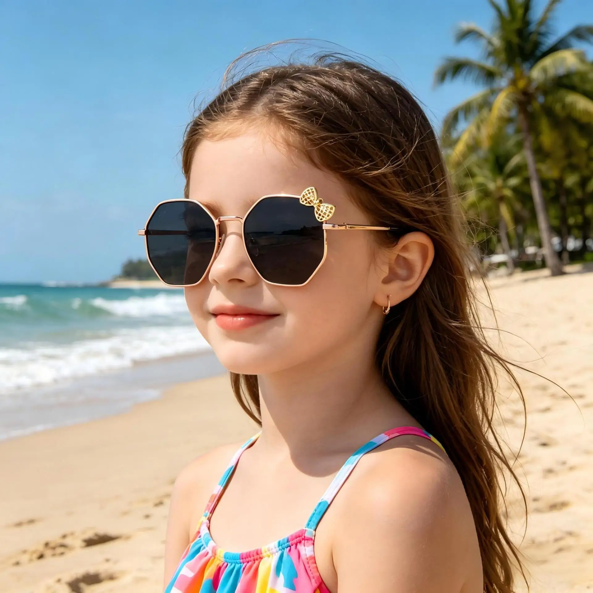 Gafas de sol de metal con lazo para niños y niñas, a la moda, B010, poligonales, gafas de sol para niños, protección UV400 para exteriores