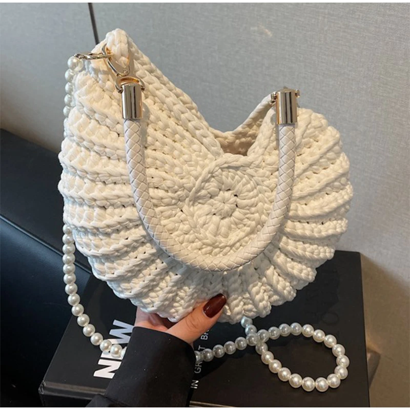 

Pearl Chain Woven Crossbody Bag Shell Conch Shape Design Handbag Delicate Straw Texture Versatile Trendy Summer Beach Travel Bag