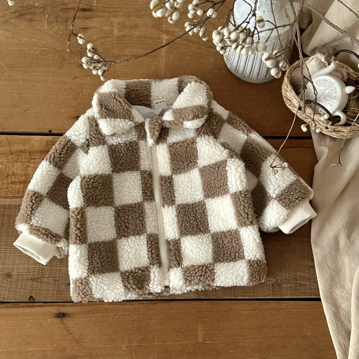 Baby Plaid Sherpa Fleece Jacket Autumn Winter Toddler Stand Collar Thick Warm Fluffy Coat Kids Outerwear