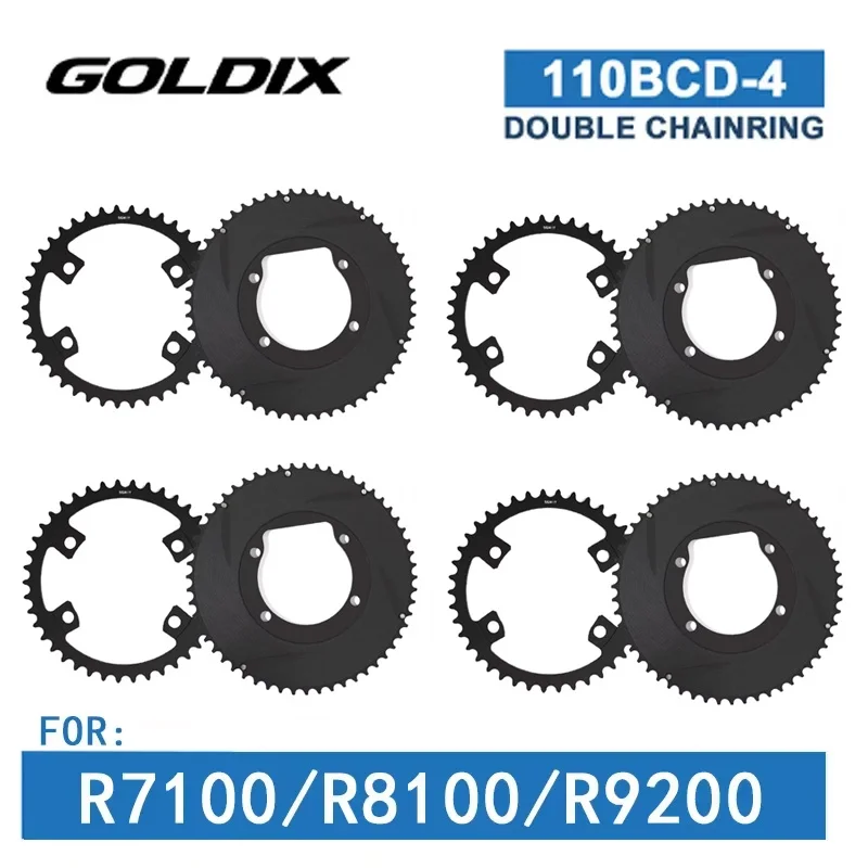 Goldix 110 BCD, 2-częściowa tarcza zębata, 4 bólce, do kółek Shimano R7100, R8100, R9200, 110 BCD, podwójny przesunięty o 0 mm, 50/34T, 52/36T, 54/40T, czarna tarcza.