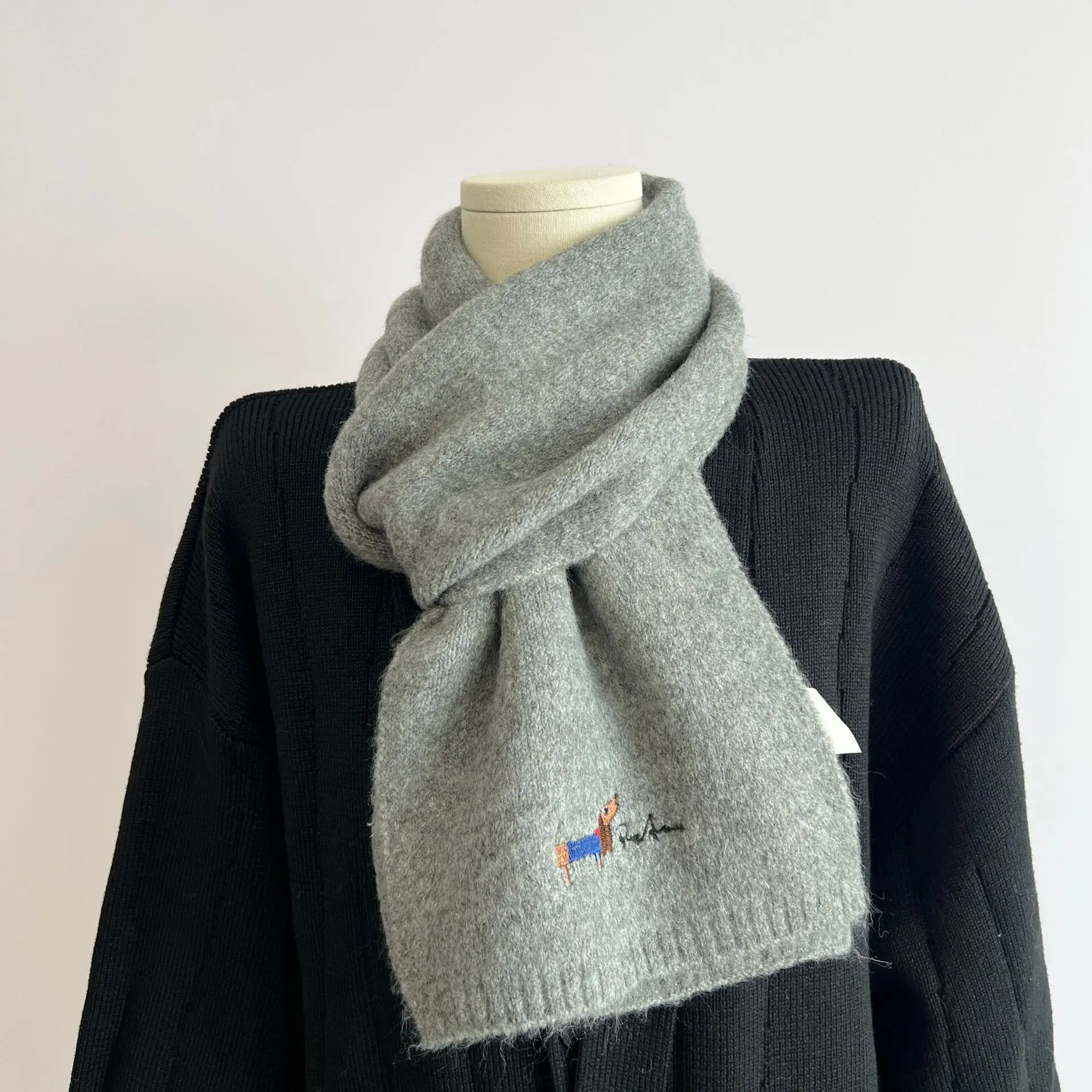 

Японский однотонный вязаный шарф с вышивкой для щенков, женский осенне-зимний студенческий теплый универсальный кашемировый шарф унисекс