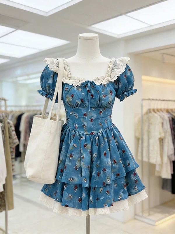 

Синее летнее платье большого размера с квадратным вырезом, рукавами-фонариками и цветочным принтом, с завышенной талией, короткое, в деловом стиле, приятное к телу, дышащее.