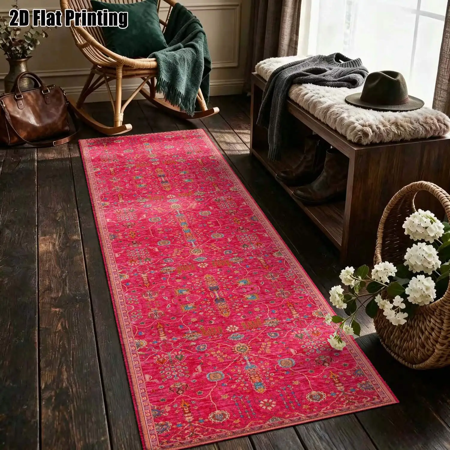 1Pc 2D Printed Long Strip Rug: Pink Floral, European, Bohemian, Geometric Striped Styles, Home Decor, Multi-Size, Machine Washable, for Entryway, Hallway, Bedroom, Living Room