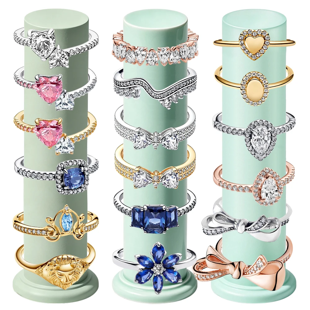 2026 New 925 Silver Double Row Sparkling Heart Shaped Water Drop Blue Pear Blossom Bow Crown Ring DIY Exquisite Charm Jewelry