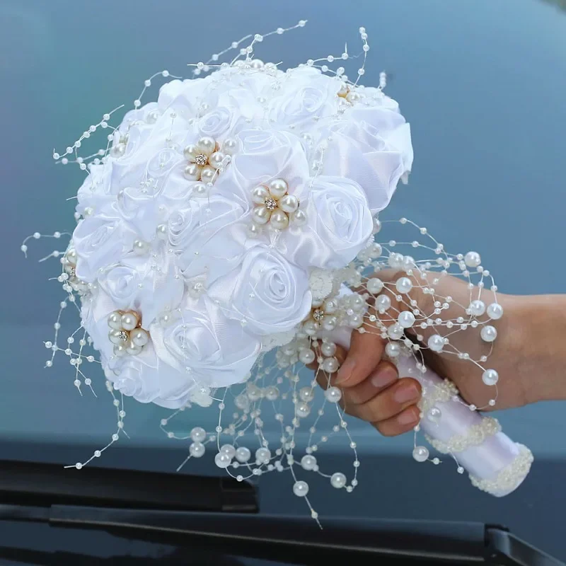 1pc Silk Rose Wedding Bouquet for Bride Bridesmaid Bouquet Pearl Ribbon Valentine's Day Confession Party Church Decoration Prop image 6