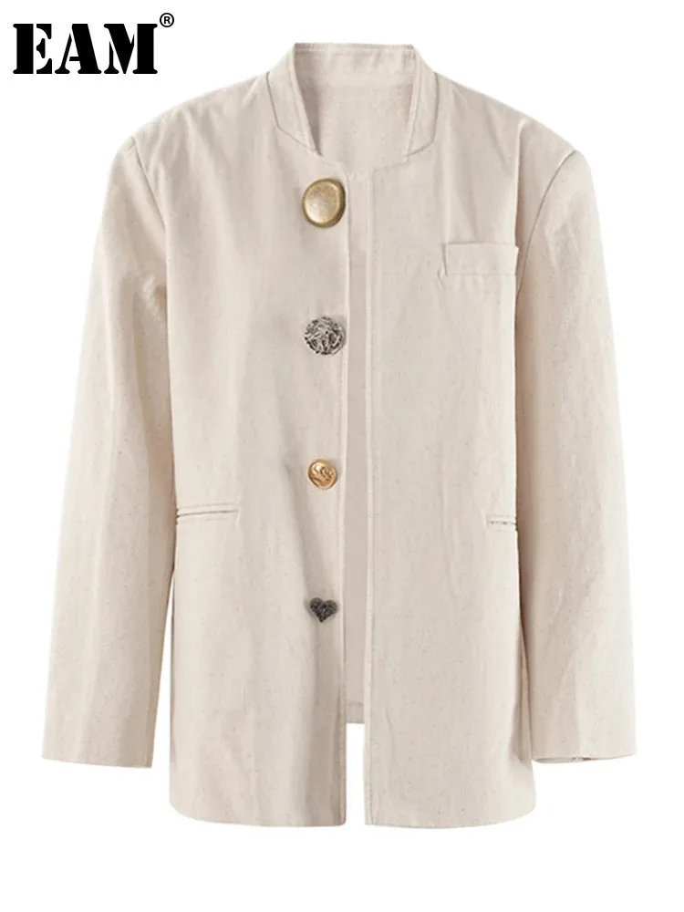 [EAM] Bottoni di design beige da donna Blazer elegante di grandi dimensioni Nuovo colletto alla coreana Giacca a maniche lunghe Moda Primavera