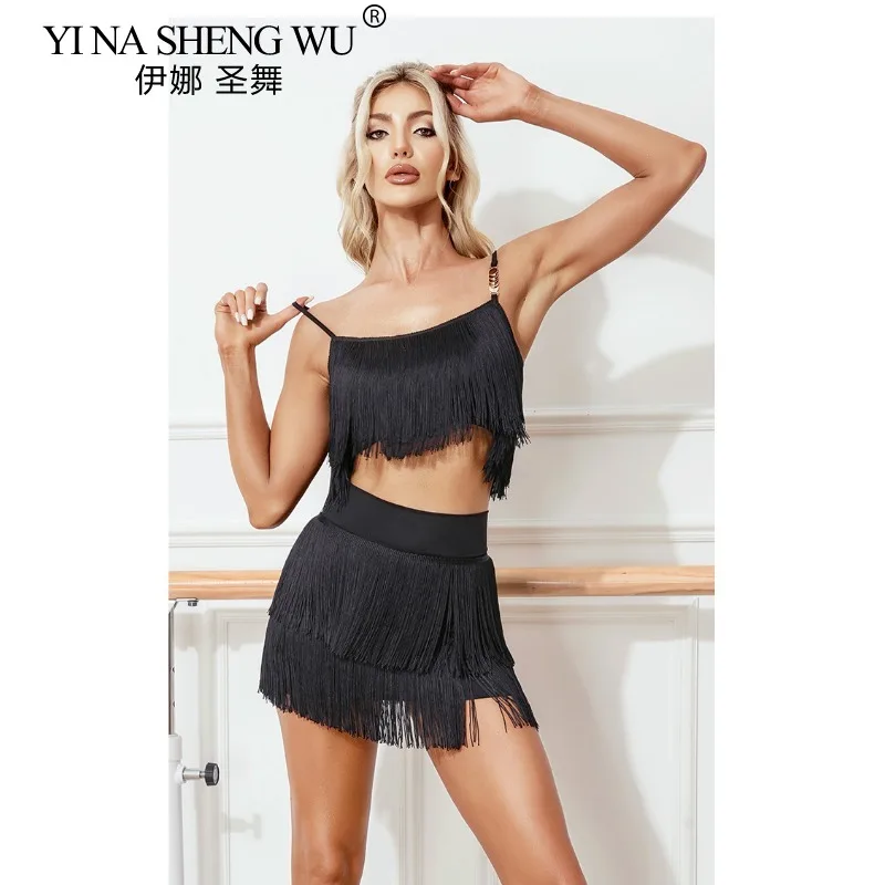 Top de práctica de baile latino, Top con tirantes con flecos cifrados de doble capa, ropa de entrenamiento profesional femenina de baile estándar nacional