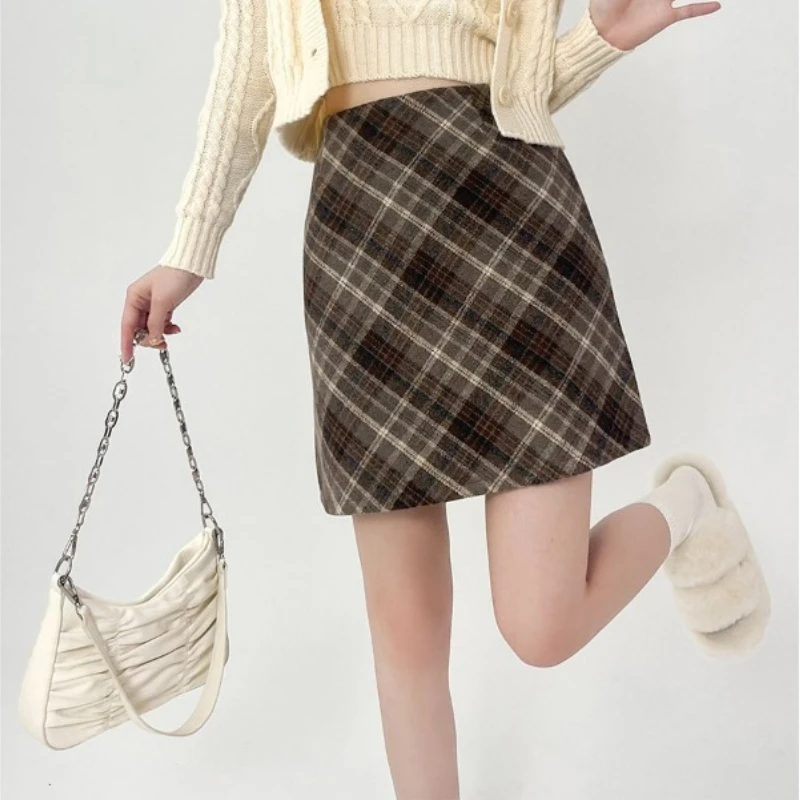 Women A-line Skirt Tweed Short Skirt Clothing Vintage High Waist Streetwear Sweet Chic Sexy Casual Slim Autumn Winter Solid