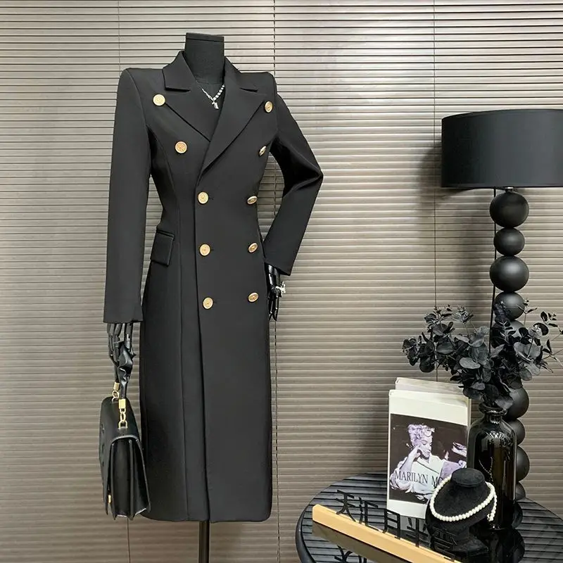 

Luxury Brand High-Quality Black Trench Coat Women Double-Breasted Slim Windbreaker Over The Knee Jacket Office Ladies Outerwear