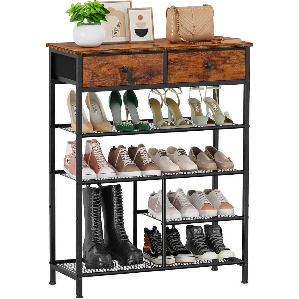 

Shoe Rack, 5 Tier Shoe Storage Organizer with 2 Drawers, Shoe Storage Shelves with Sturdy Wooden Top and Metal Shelves, Free St