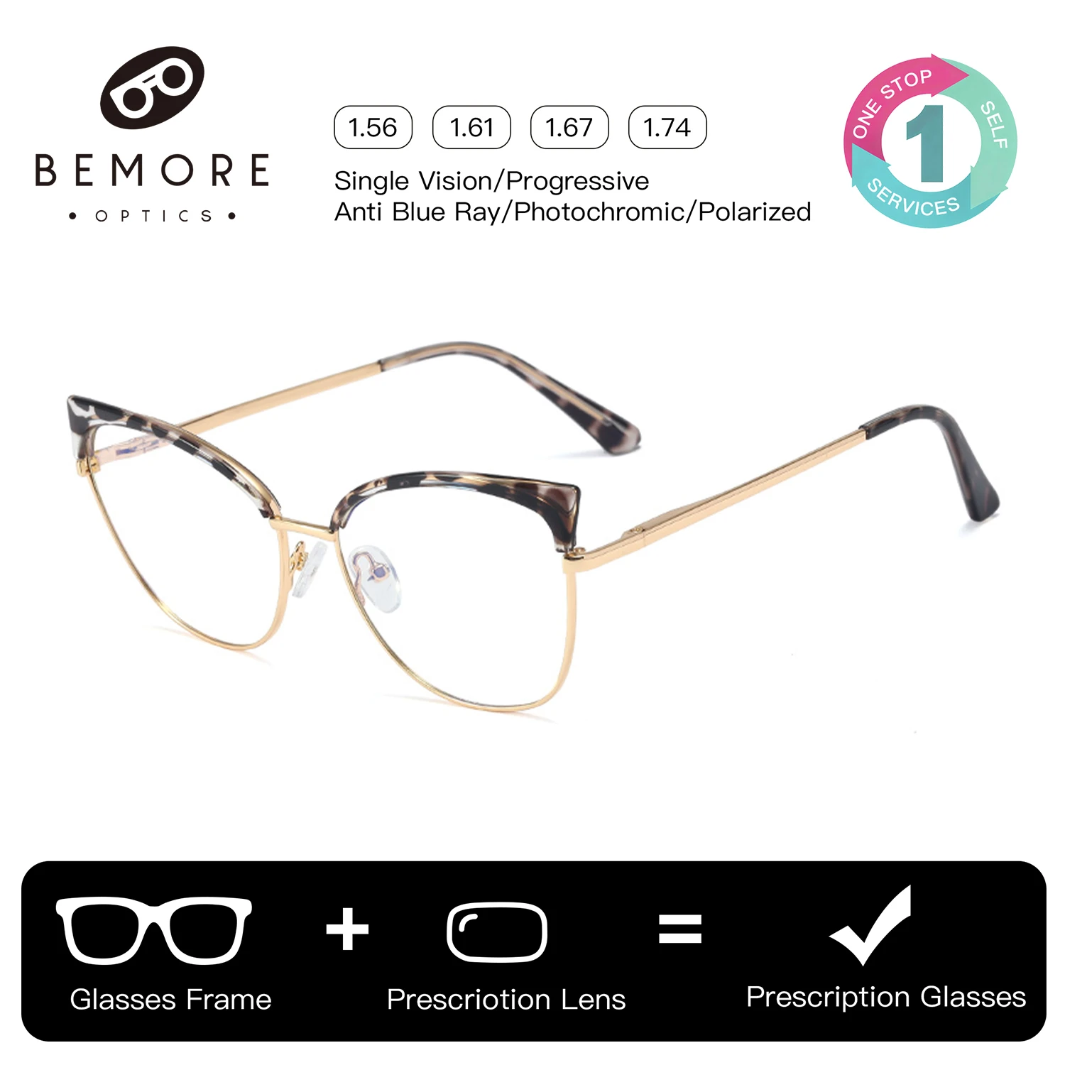 BEMORE Butterfly Optical Glasses with Prescription Women Cat Eye Metal Anti Blue Light Myopia Progressive Eyeglasses