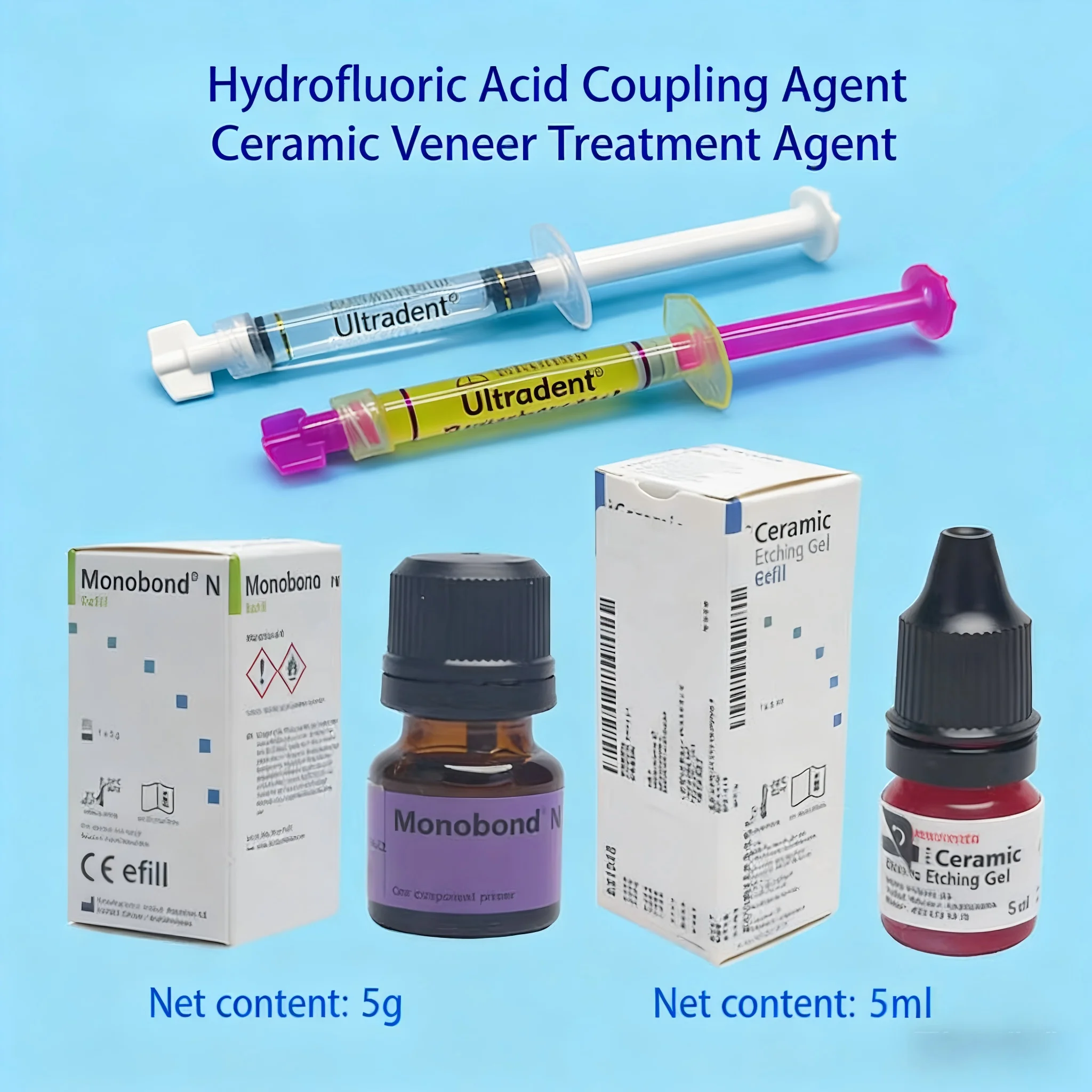 

Ivoclar Compatible Ceramic Etching Kit, Hydrofluoric Acid Gel & Silane Coupling Agent for Veneers & Full-Ceramic Crowns