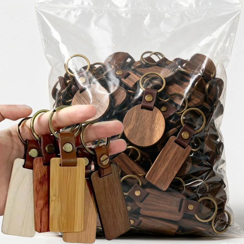 Image of Holz-Schlüsselanhänger Blanko Gravierbar Taschenanhänger mit Lederband Natürlicher Holz-Schlüsselring DIY Bastelzubehör