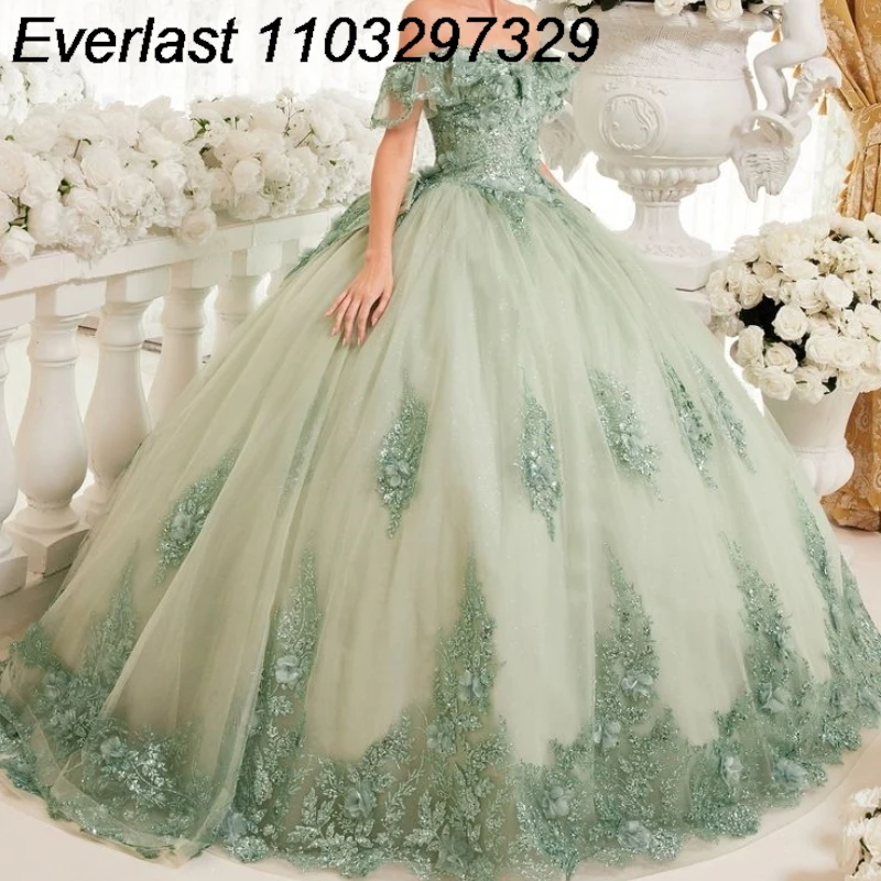 EVLAST-Quinceanera Verde Light Sage vestido de baile, Apliques de renda fora do ombro, Beading Sweet 16 Dress, TQD165, 2024